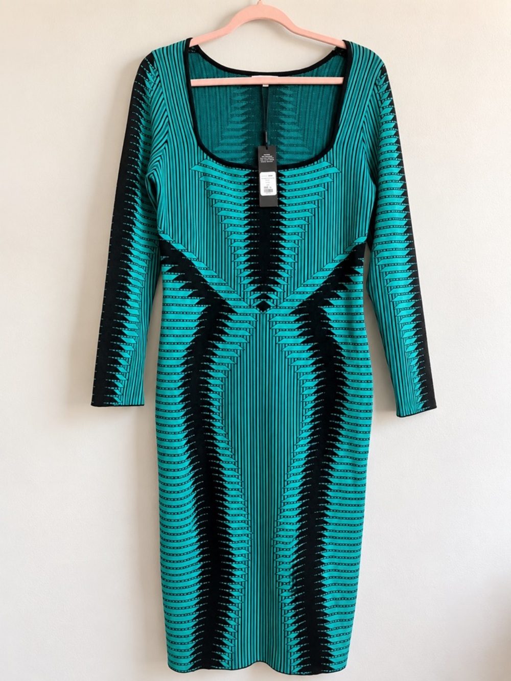 Fashion Nova Teal & Black Long Sleeve Bodycon Midi Dress